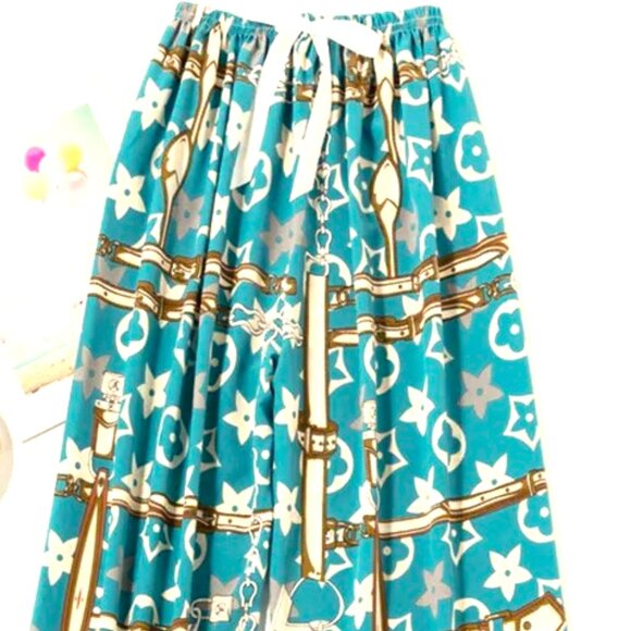 TEAL BLUE AND WHITE STARS AN BAMBOO PRINT LOUNGE PANTS O/S SILKY AND COMFY - Picture 1 of 3